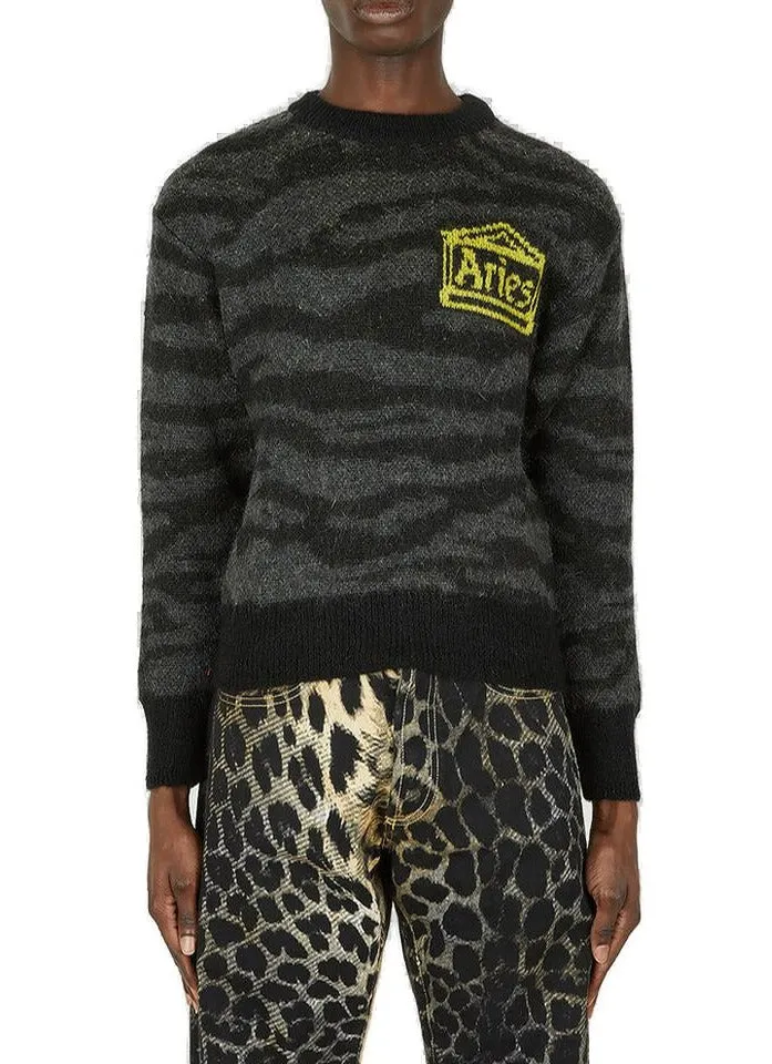 Aries Kurt Tiger Logo Intarsia Crewneck Sweater