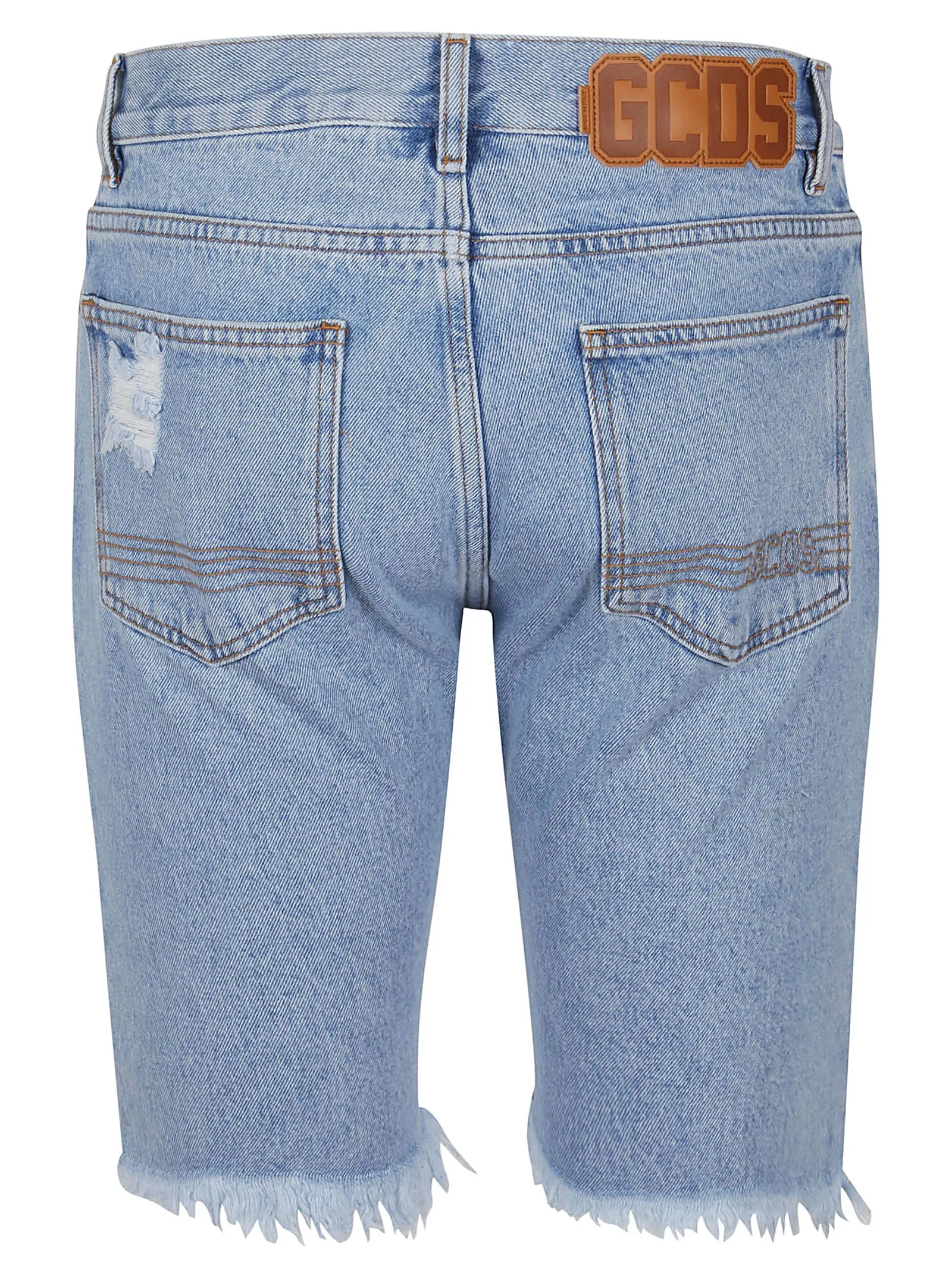 GCDS Logo Patch Distressed Denim Shorts