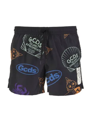 GCDS Logo Printed Drawstring Swim Shorts