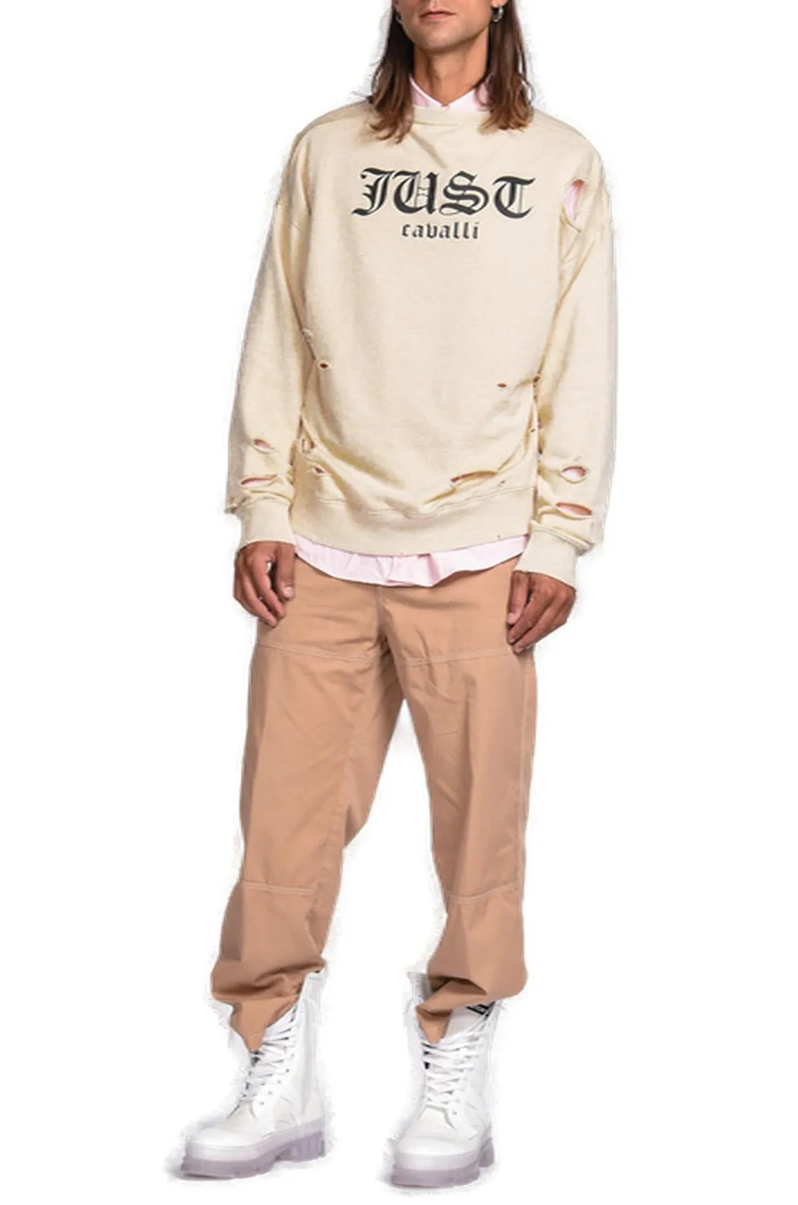 Just Cavalli Back Logo Print Distressed Sweater