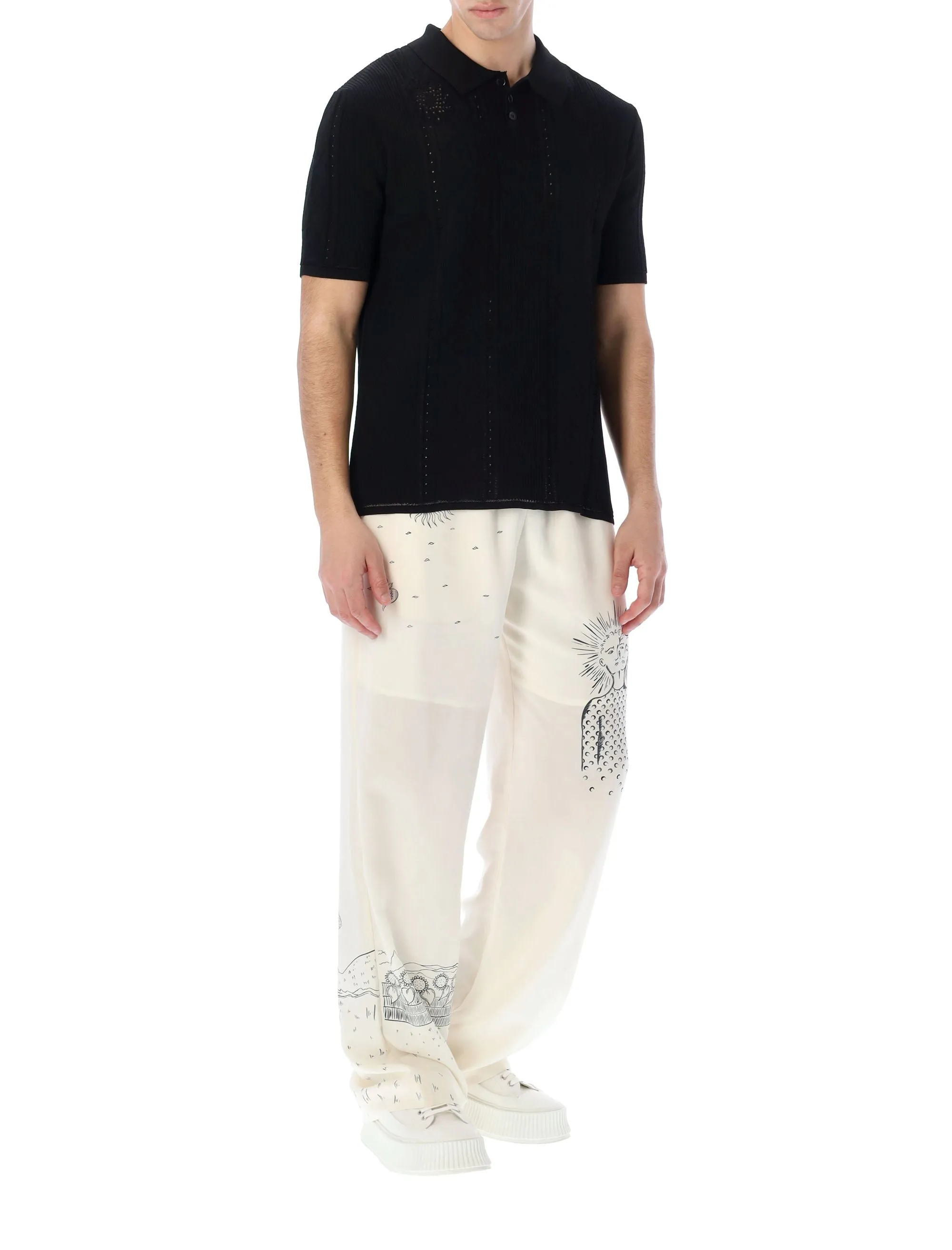Marine Serre Pointelle Knit Short-Sleeved Polo Shirt