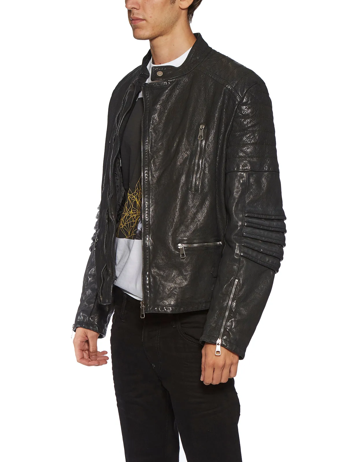 Neil Barrett Back Slogan Print Leather Biker Jacket