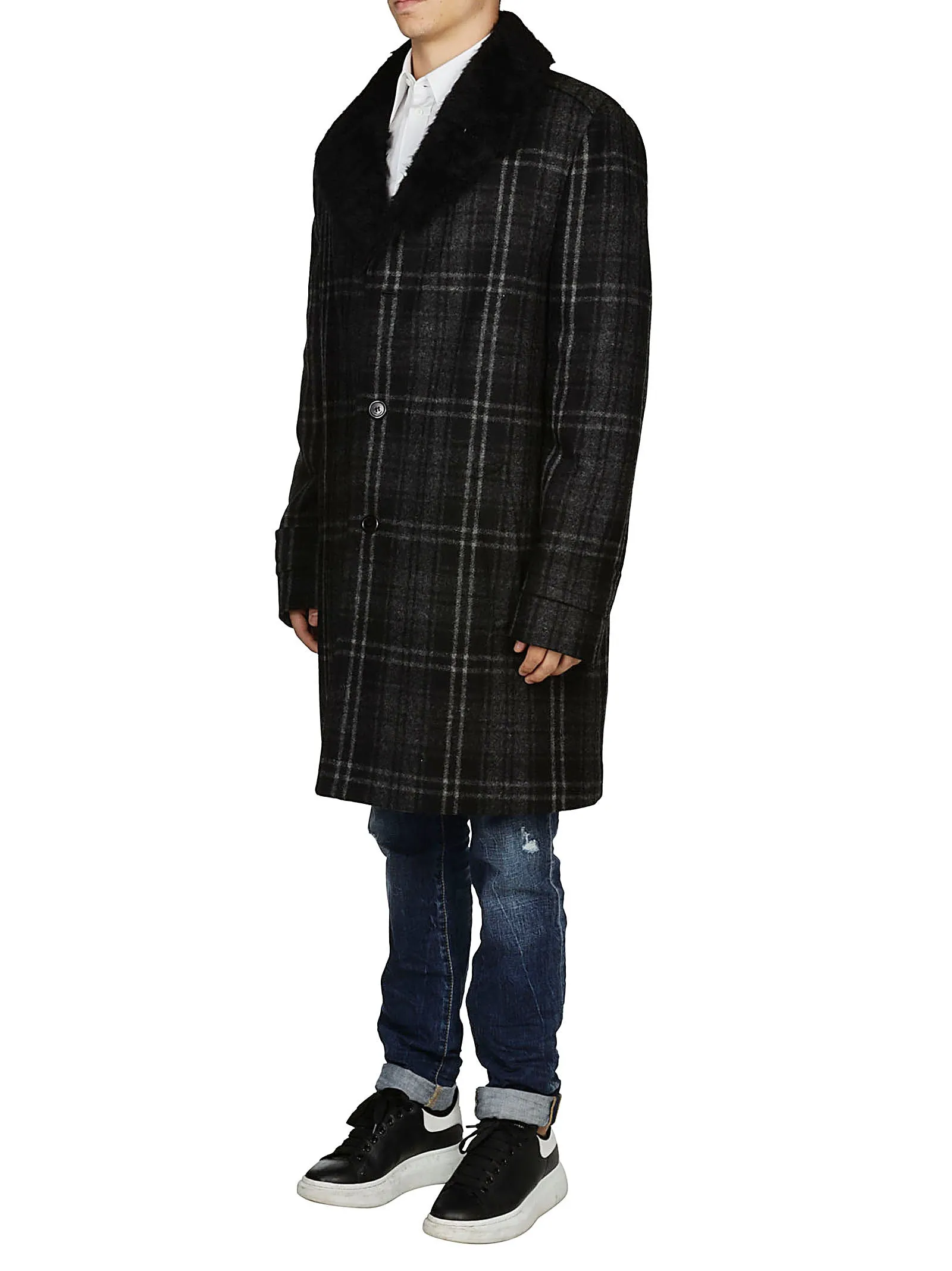 Saint Laurent Checked Fur Detail Coat