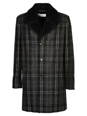 Saint Laurent Checked Fur Detail Coat
