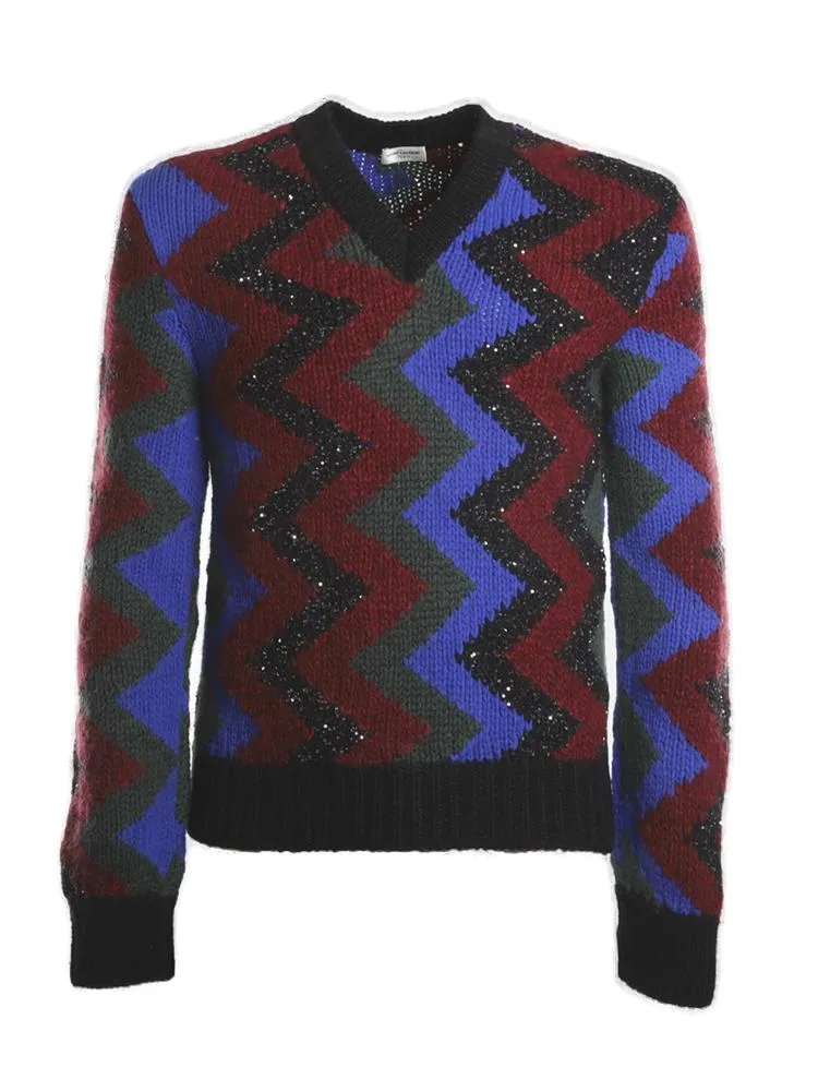 Saint Laurent Zigzag V-Neck Knitted Jumper